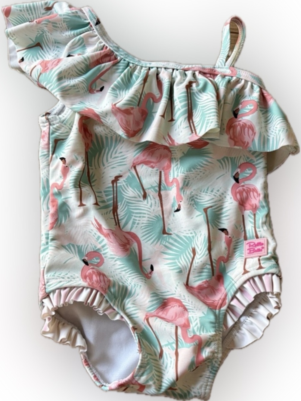 Ruffle Butts Pink Flamingo One-Shoulder Ruffle One-Piece Swimsuit - Mint & Pink
